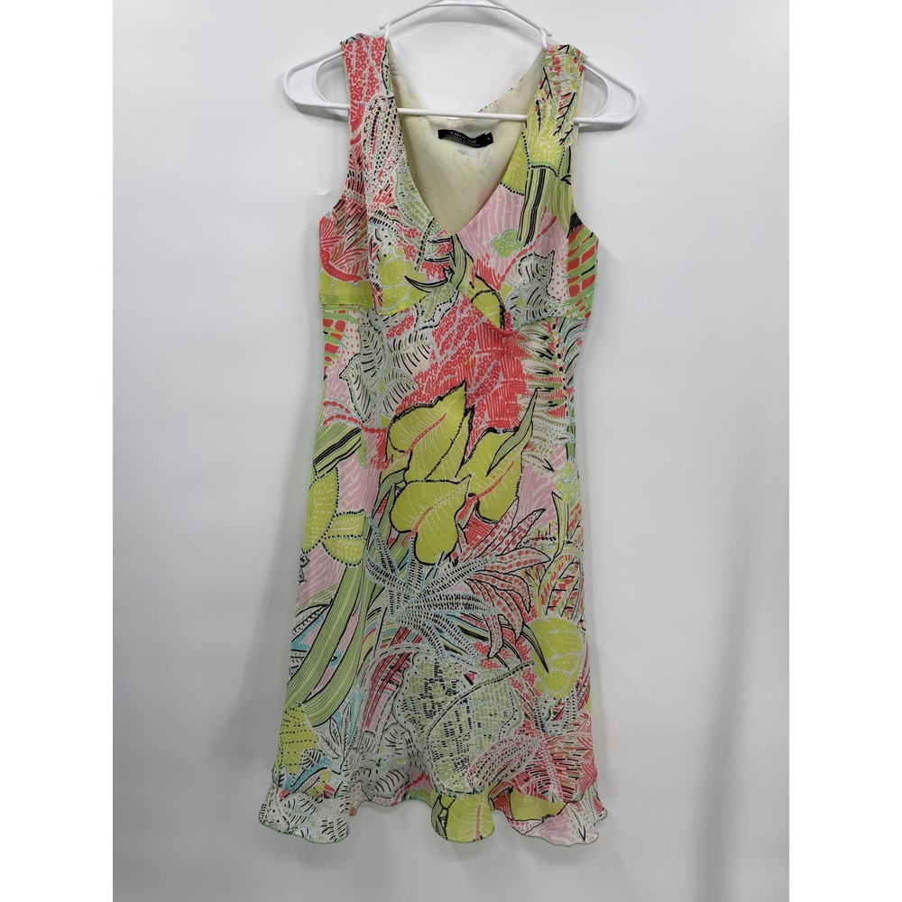 Tribal 4 Tropical Floral Sleeveless V-Neck Dress Womens Pink Green Ruffle Hem